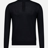 The ISAIA Light Cashmere Silk Quarter Zip Sweater is a luxurious black top, expertly crafted in Italy from a refined blend of cashmere and silk. It features a high collar, long sleeves, and a short front zipper, and is displayed on a plain white background.