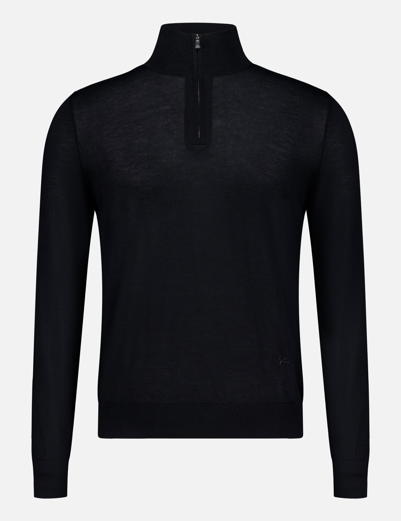 The ISAIA Light Cashmere Silk Quarter Zip Sweater is a luxurious black top, expertly crafted in Italy from a refined blend of cashmere and silk. It features a high collar, long sleeves, and a short front zipper, and is displayed on a plain white background.