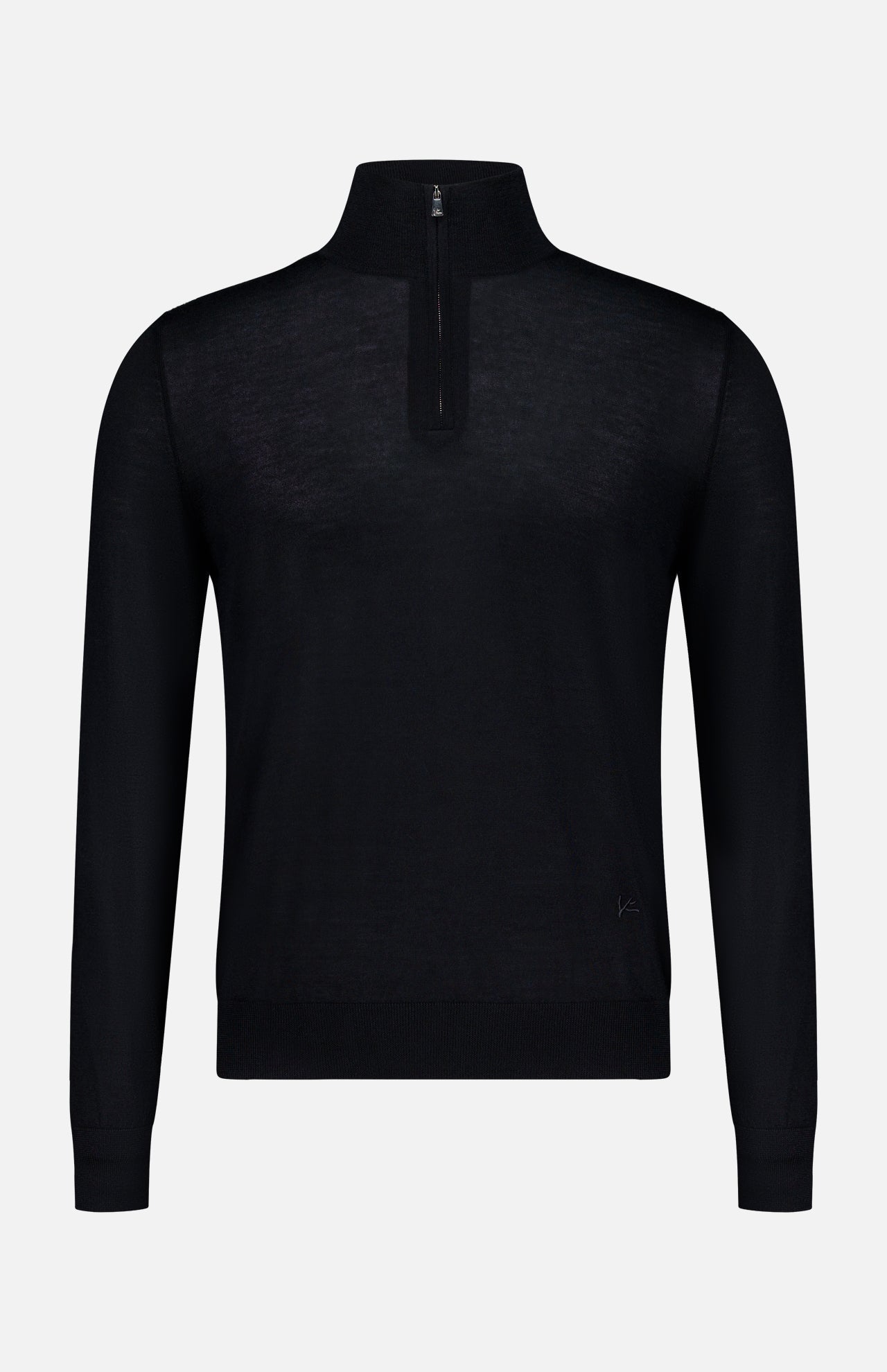 The ISAIA Light Cashmere Silk Quarter Zip Sweater is a luxurious black top, expertly crafted in Italy from a refined blend of cashmere and silk. It features a high collar, long sleeves, and a short front zipper, and is displayed on a plain white background.