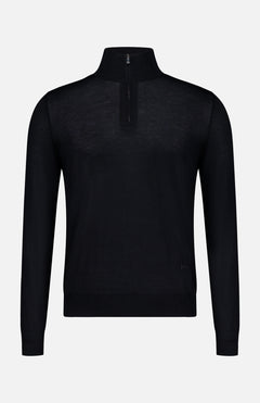 The ISAIA Light Cashmere Silk Quarter Zip Sweater is a luxurious black top, expertly crafted in Italy from a refined blend of cashmere and silk. It features a high collar, long sleeves, and a short front zipper, and is displayed on a plain white background.