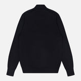 The ISAIA Light Cashmere Silk Quarter Zip Sweater is shown laid flat, viewed from the back. This Italian-made sweater features a refined plain black design with ribbed cuffs, hem, and collar.