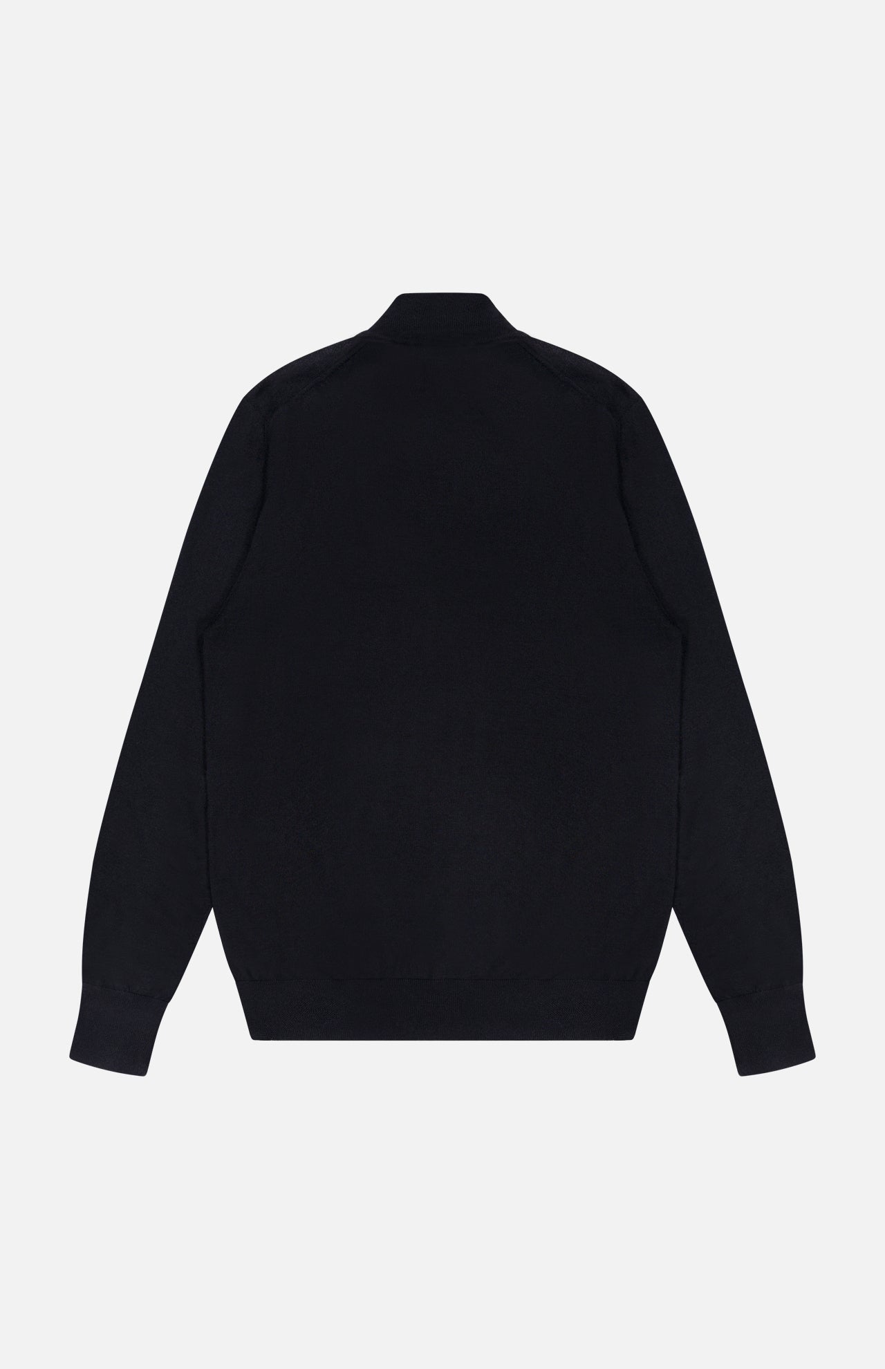 The ISAIA Light Cashmere Silk Quarter Zip Sweater is shown laid flat, viewed from the back. This Italian-made sweater features a refined plain black design with ribbed cuffs, hem, and collar.
