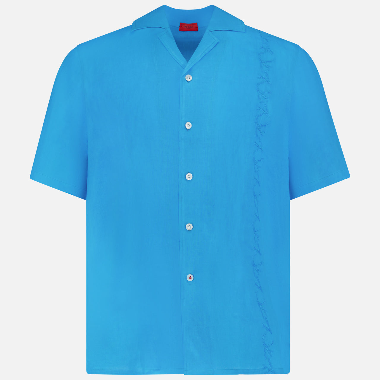 The ISAIA Linen Coral Embroidery Shirt is a relaxed-fit, short-sleeve blue linen button-up, featuring white buttons and a subtle ruffle detail along the right side—ideal for effortless vacation style.