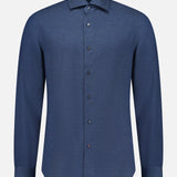 The ISAIA Lux Cashcotton Flannel Dress Shirt is a classic long-sleeve, button-up Italian dress shirt in solid navy blue, displayed on a plain white background.