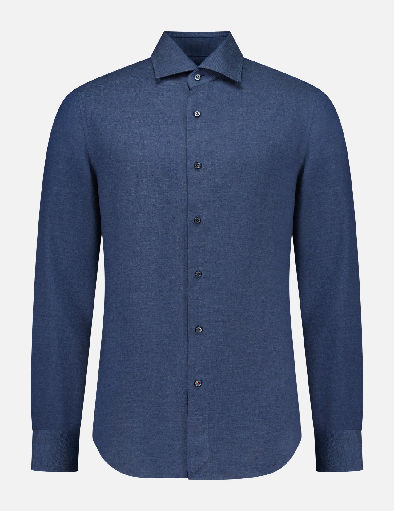 The ISAIA Lux Cashcotton Flannel Dress Shirt is a classic long-sleeve, button-up Italian dress shirt in solid navy blue, displayed on a plain white background.