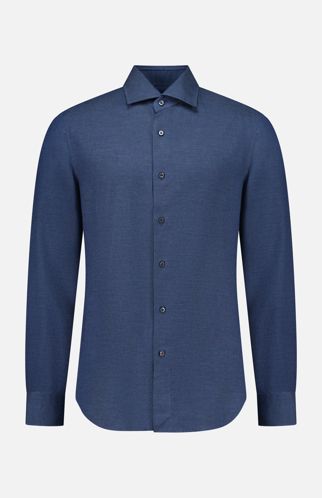 The ISAIA Lux Cashcotton Flannel Dress Shirt is a classic long-sleeve, button-up Italian dress shirt in solid navy blue, displayed on a plain white background.