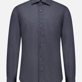The ISAIA Mussola Cotton Dress Shirt, featuring long sleeves, a classic collar, and crafted from easy-care dark grey cotton, is displayed against a plain white background.