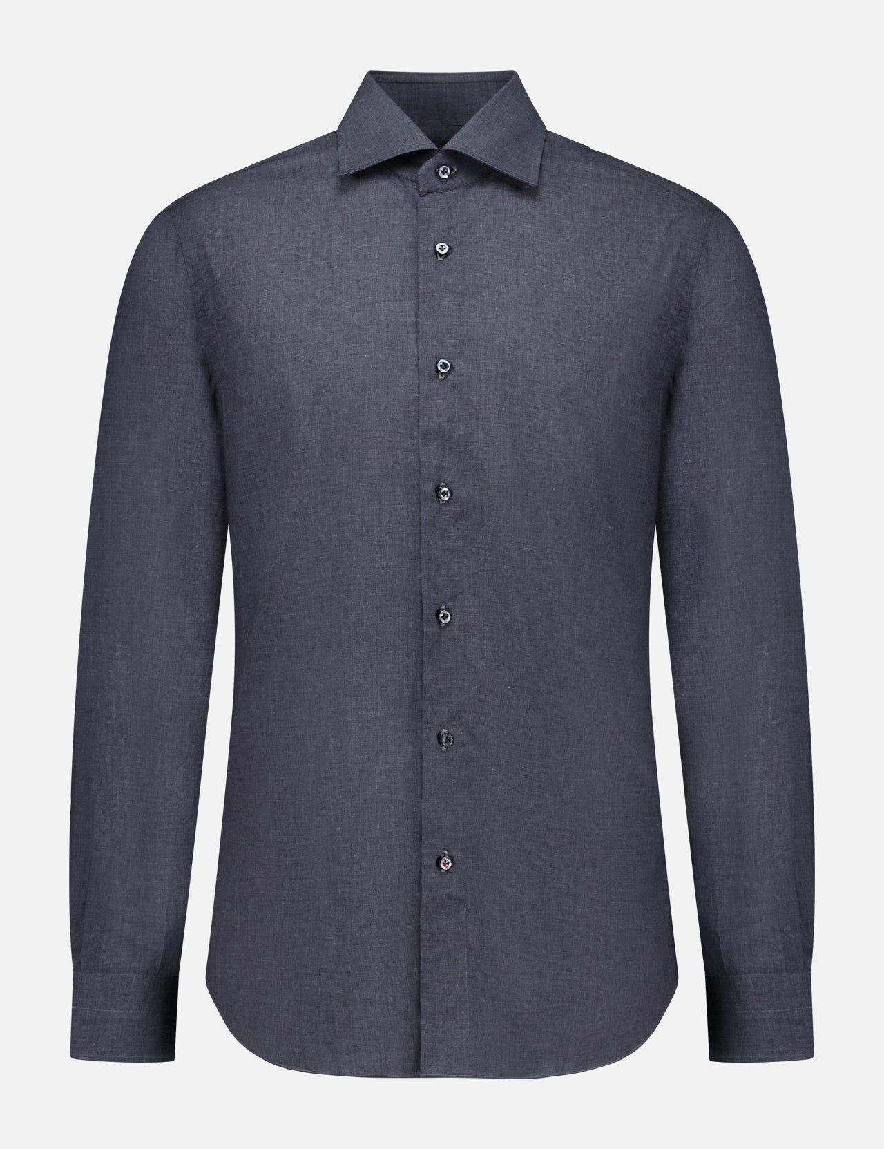 The ISAIA Mussola Cotton Dress Shirt, featuring long sleeves, a classic collar, and crafted from easy-care dark grey cotton, is displayed against a plain white background.