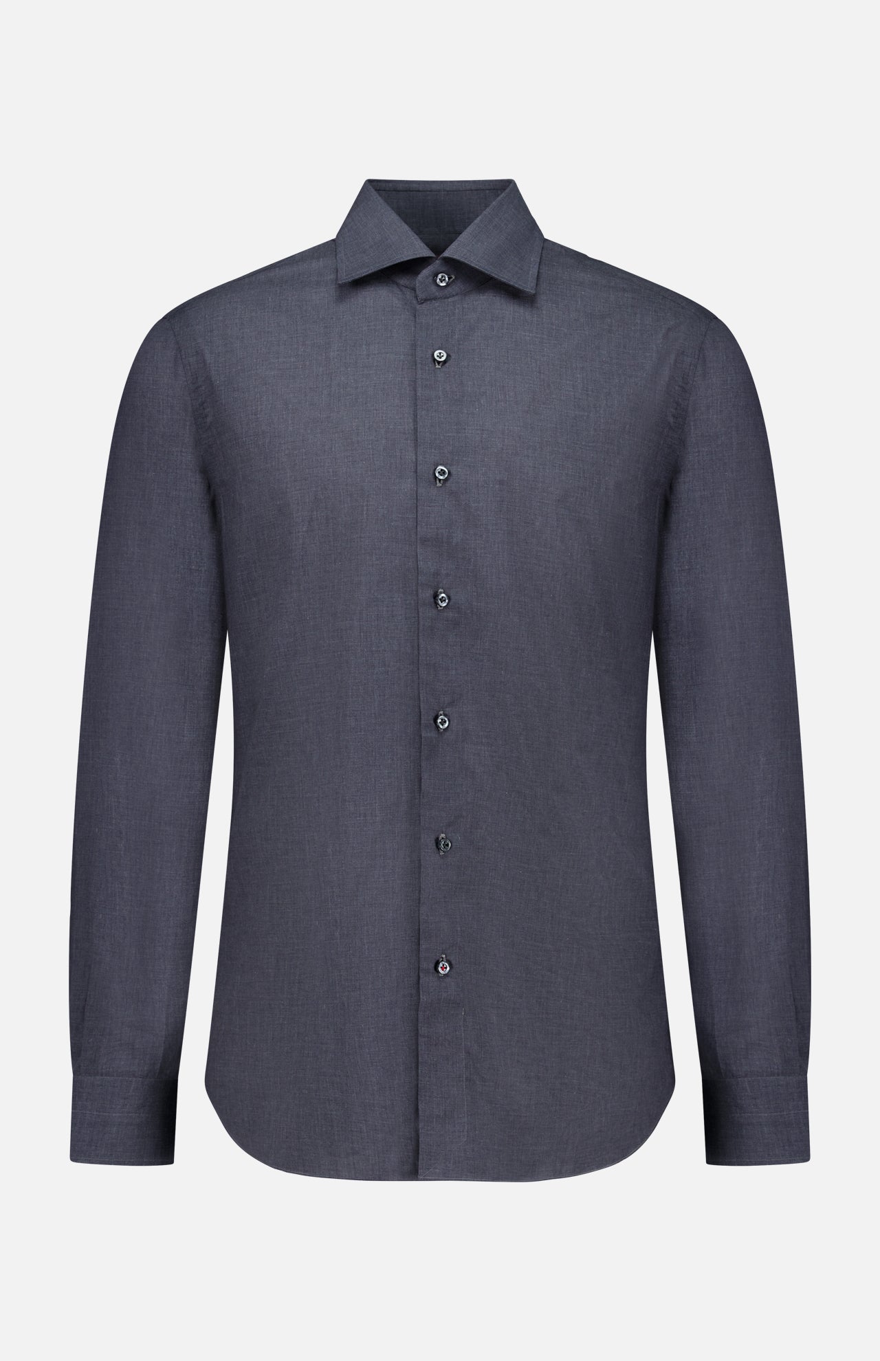The ISAIA Mussola Cotton Dress Shirt, featuring long sleeves, a classic collar, and crafted from easy-care dark grey cotton, is displayed against a plain white background.