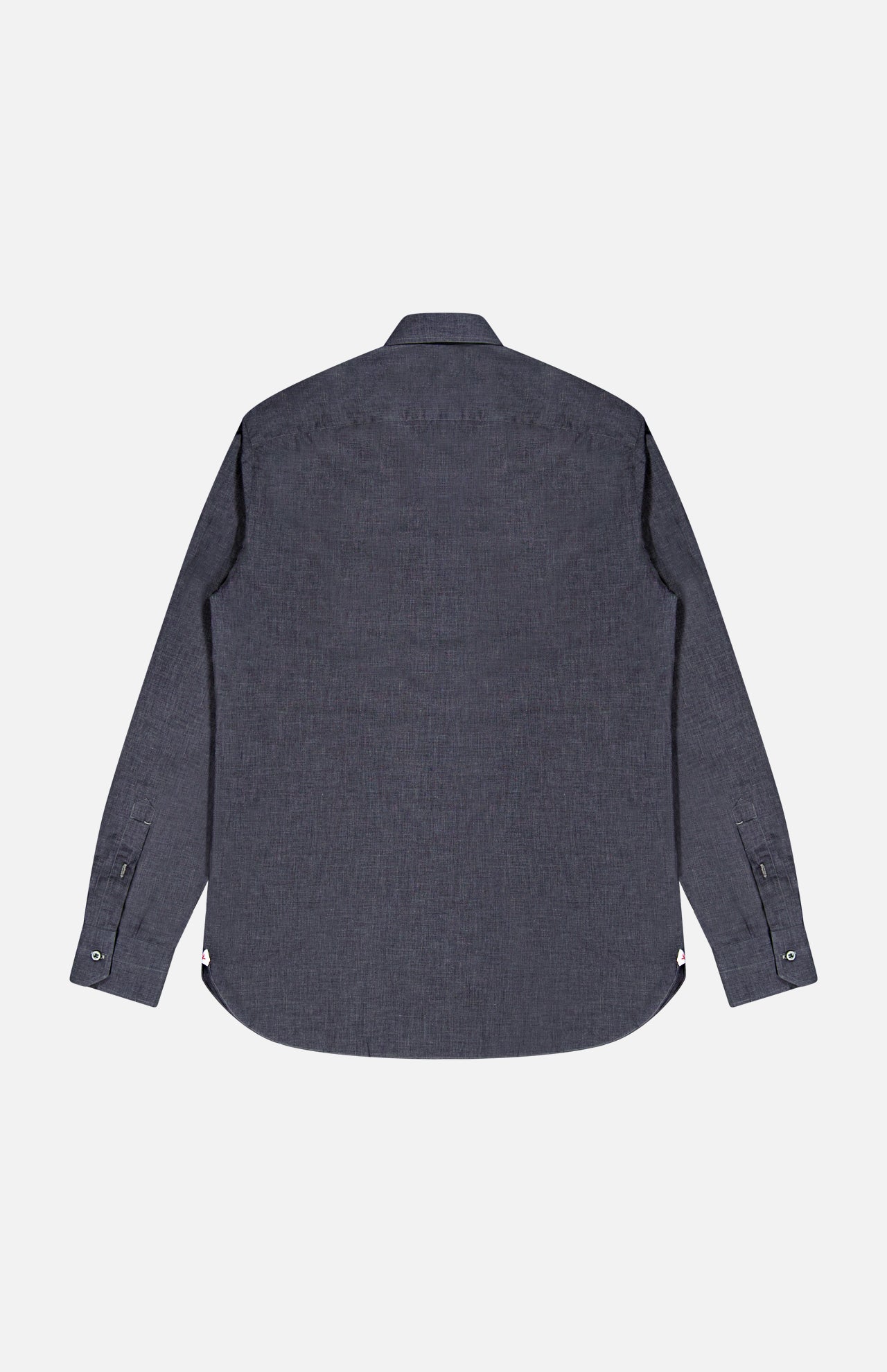 The ISAIA Mussola Cotton Dress Shirt is displayed flat, showcasing its dark grey hue, long sleeves, and button-up design from the back. Crafted from easy-care cotton, it is set against a plain white background.