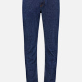 The ISAIA Napoli Stretch Denim Jeans, featuring a tapered leg, button and zipper closure, front and back pockets, and signature orange stitching, are displayed on a white background.