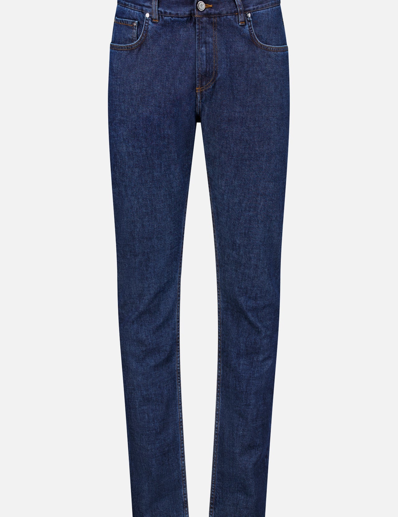The ISAIA Napoli Stretch Denim Jeans, featuring a tapered leg, button and zipper closure, front and back pockets, and signature orange stitching, are displayed on a white background.