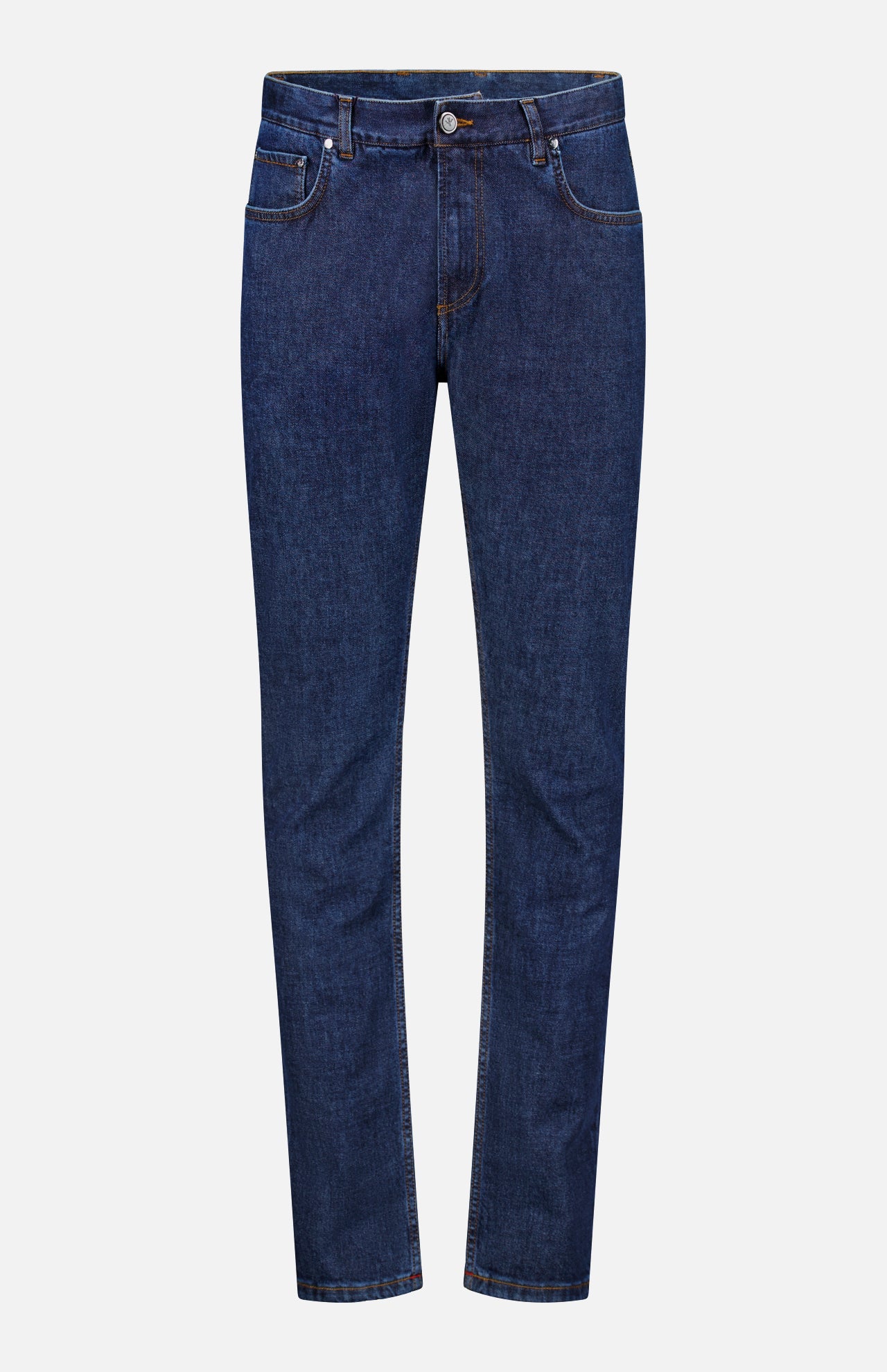 The ISAIA Napoli Stretch Denim Jeans, featuring a tapered leg, button and zipper closure, front and back pockets, and signature orange stitching, are displayed on a white background.