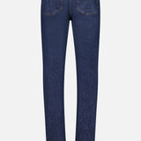 Rear view of the ISAIA Napoli Stretch Denim Jeans in dark blue, featuring a tapered leg, two back pockets, belt loops, and a signature red patch on the waistband, shown against a plain white background.