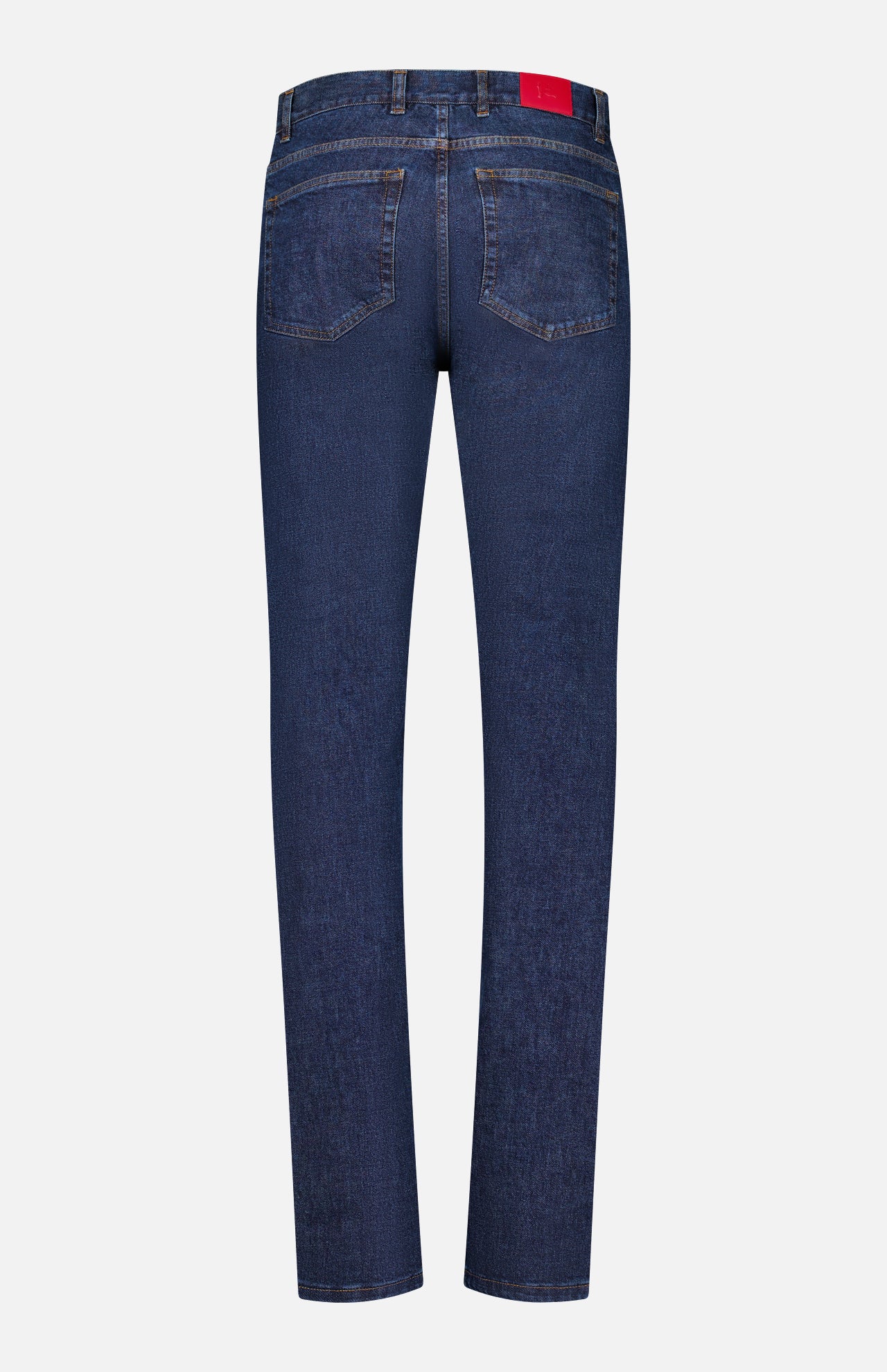 Rear view of the ISAIA Napoli Stretch Denim Jeans in dark blue, featuring a tapered leg, two back pockets, belt loops, and a signature red patch on the waistband, shown against a plain white background.