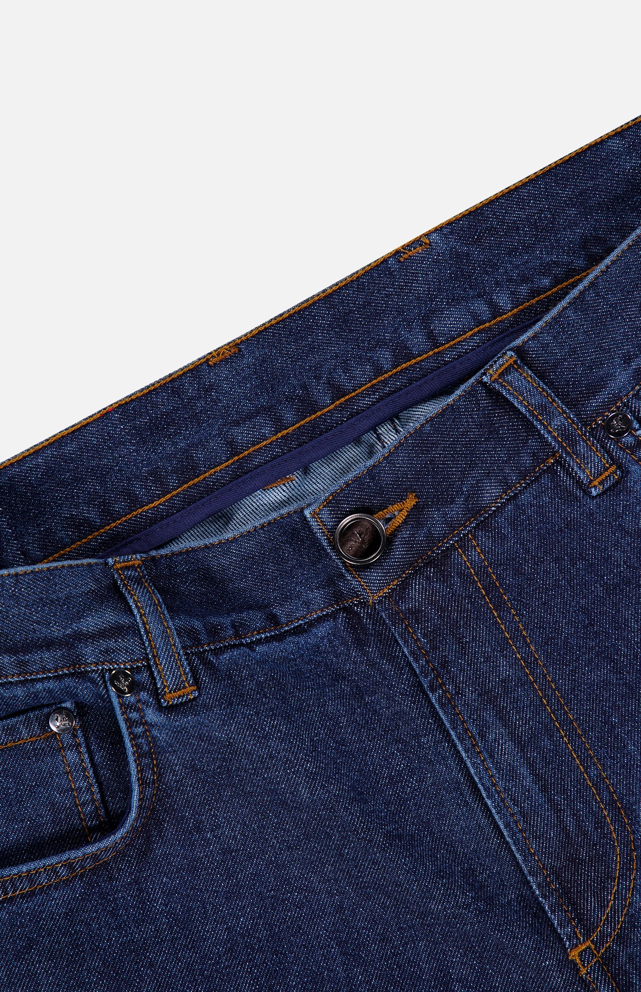 Close-up of the waistband and front pocket area of ISAIA Napoli Stretch Denim Jeans in blue, featuring an unbuttoned top button and prominent orange stitching details. The image highlights the soft texture characteristic of these cotton cashmere jeans.