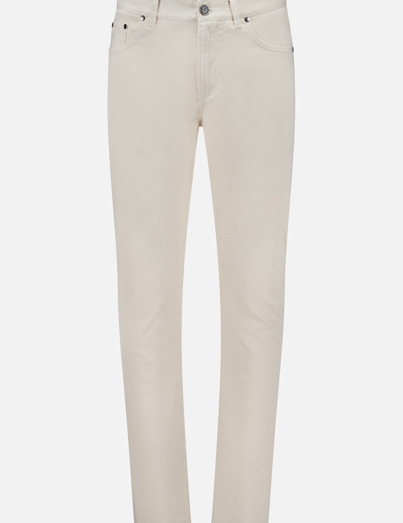 Presenting the ISAIA Napoli Stretch Denim Jeans: a pair of light beige, slim-fit jeans featuring a tapered leg, five-pocket styling, button closure, and belt loops. Crafted from soft stretch cotton denim and showcased against a plain white background.