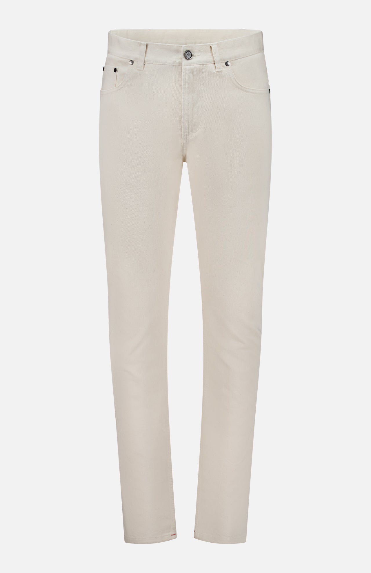Presenting the ISAIA Napoli Stretch Denim Jeans: a pair of light beige, slim-fit jeans featuring a tapered leg, five-pocket styling, button closure, and belt loops. Crafted from soft stretch cotton denim and showcased against a plain white background.