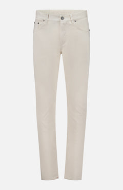 Presenting the ISAIA Napoli Stretch Denim Jeans: a pair of light beige, slim-fit jeans featuring a tapered leg, five-pocket styling, button closure, and belt loops. Crafted from soft stretch cotton denim and showcased against a plain white background.