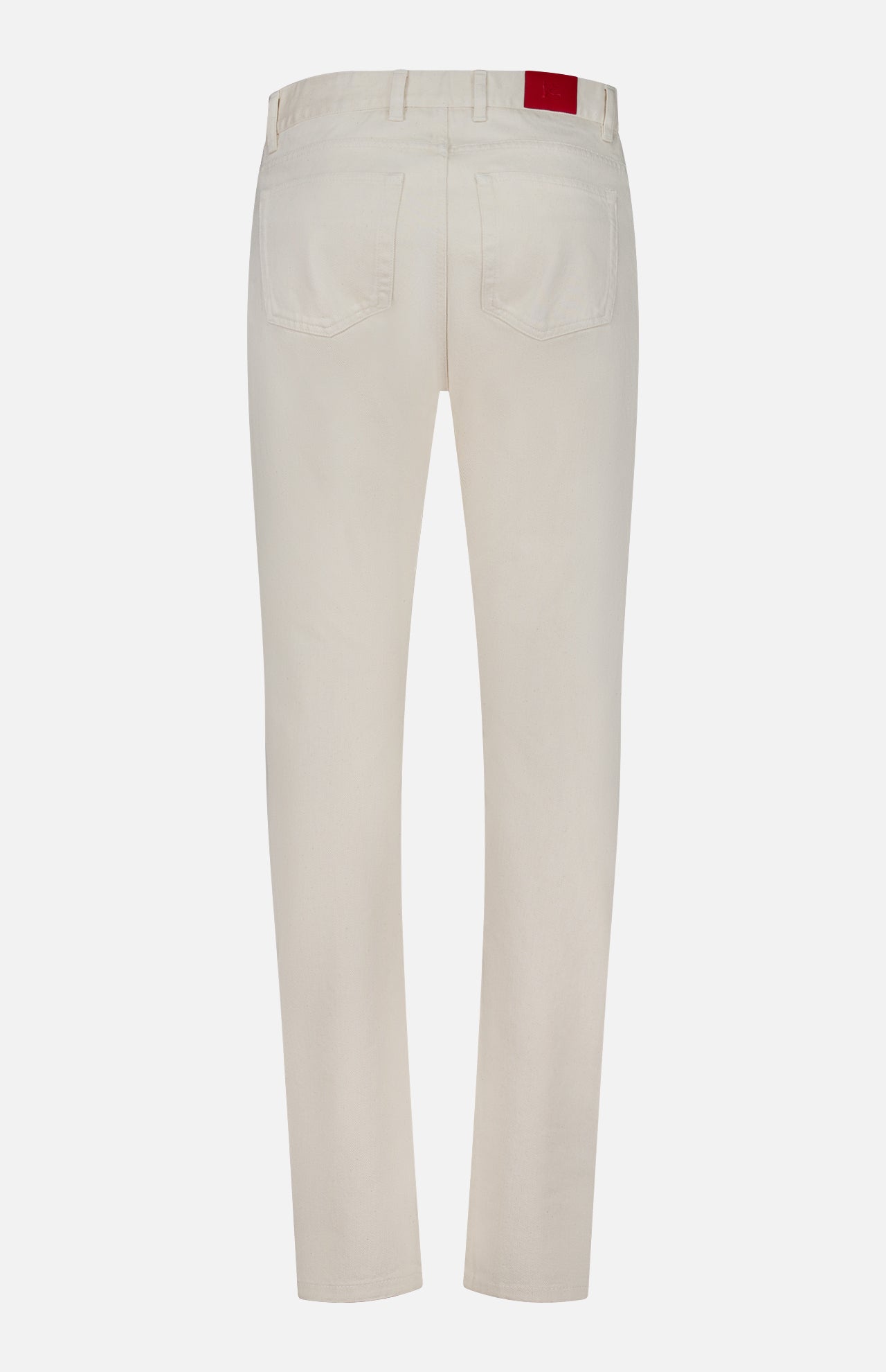 The Napoli Stretch Denim Jeans by ISAIA are shown from the back in a beige hue, featuring two rear pockets and a distinctive small red patch on the waistband. Crafted from soft cotton denim, they offer everyday comfort with a classic straight-leg fit.