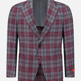 ISAIA’s Over Checkered Cashwool Sportcoat is expertly crafted in Italy from a luxurious wool-cashmere blend. Showcased on a white background, this grey and maroon plaid blazer features notched lapels, long sleeves, and a sophisticated two-button closure.