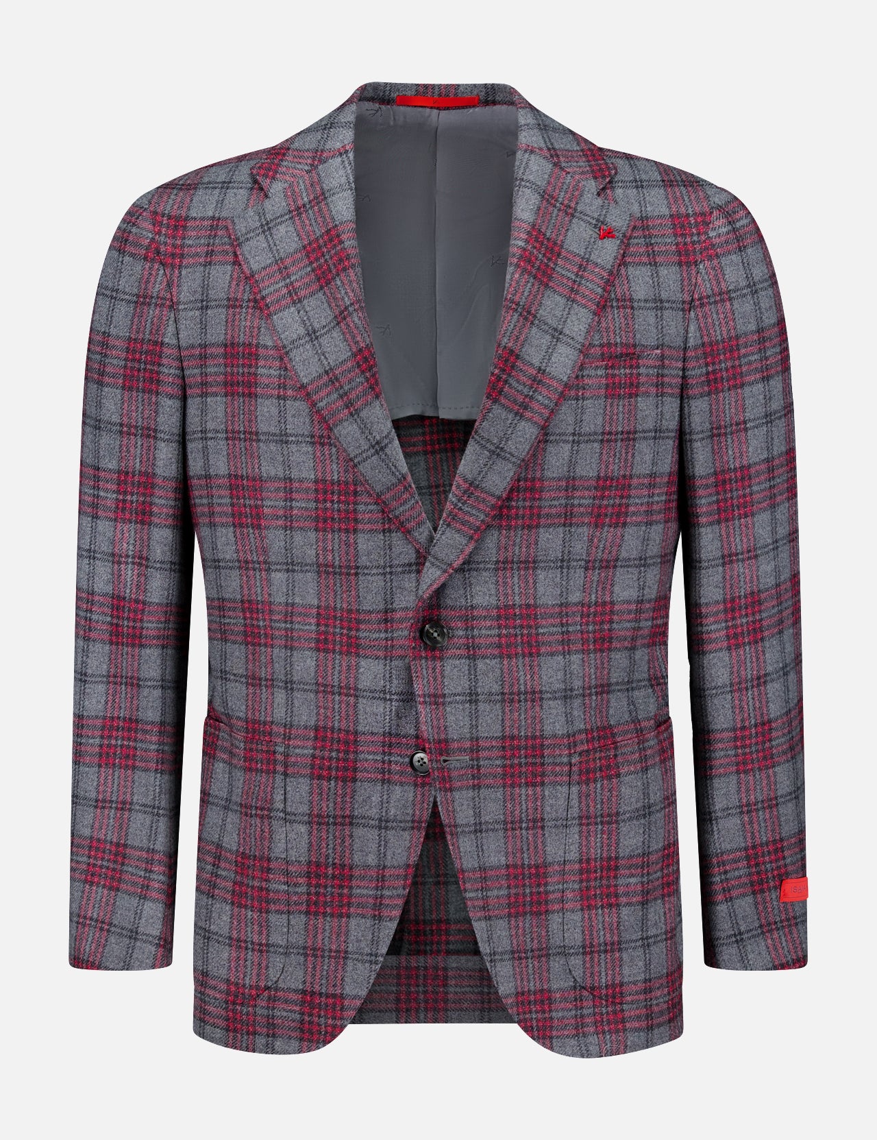 ISAIA’s Over Checkered Cashwool Sportcoat is expertly crafted in Italy from a luxurious wool-cashmere blend. Showcased on a white background, this grey and maroon plaid blazer features notched lapels, long sleeves, and a sophisticated two-button closure.