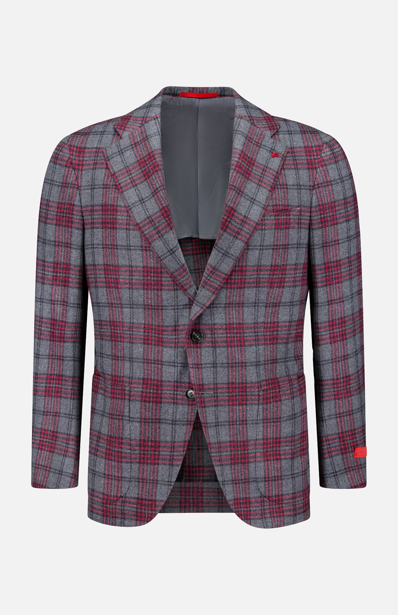 ISAIA’s Over Checkered Cashwool Sportcoat is expertly crafted in Italy from a luxurious wool-cashmere blend. Showcased on a white background, this grey and maroon plaid blazer features notched lapels, long sleeves, and a sophisticated two-button closure.