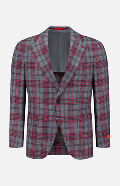 ISAIA’s Over Checkered Cashwool Sportcoat is expertly crafted in Italy from a luxurious wool-cashmere blend. Showcased on a white background, this grey and maroon plaid blazer features notched lapels, long sleeves, and a sophisticated two-button closure.