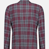 The Over Checkered Cashwool Sportcoat by ISAIA, crafted in Italy from premium wool and cashmere, is displayed from the back. This sophisticated blazer features a grey and maroon plaid pattern, long sleeves, and a straight hem, all set against a plain white background.