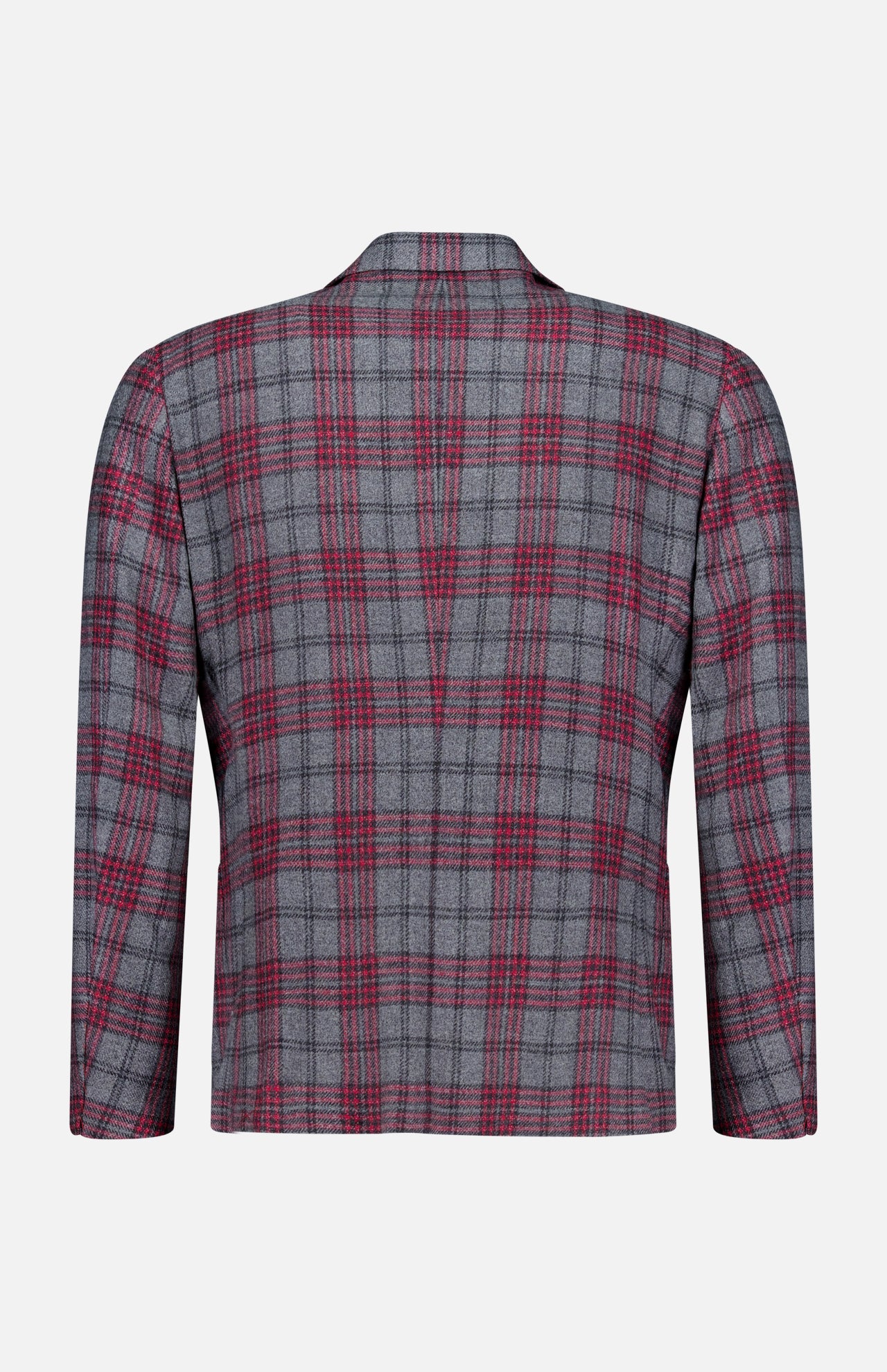 The Over Checkered Cashwool Sportcoat by ISAIA, crafted in Italy from premium wool and cashmere, is displayed from the back. This sophisticated blazer features a grey and maroon plaid pattern, long sleeves, and a straight hem, all set against a plain white background.