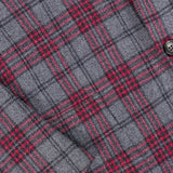 Close-up of the Over Checkered Cashwool Sportcoat by ISAIA, made in Italy, featuring a grey and maroon plaid pattern with black buttons and a textured wool-cashmere fabric.