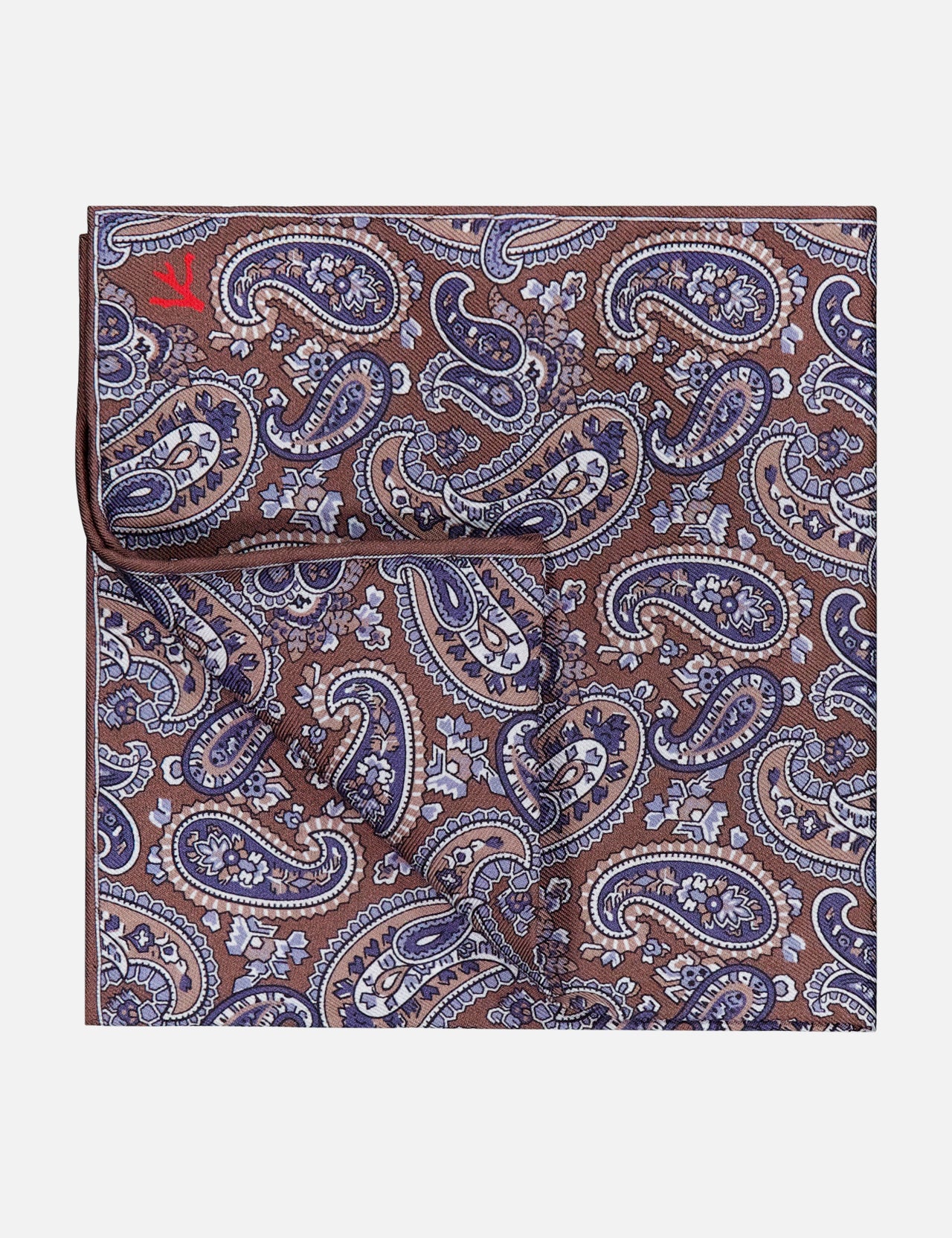 A Paisley Pocket Square by ISAIA, featuring a brown silk fabric with an elegant blue and white paisley pattern and a discreet red logo in the corner, is neatly folded against a plain background. Expertly crafted in Italy, this refined accessory exemplifies superior quality and classic style.
