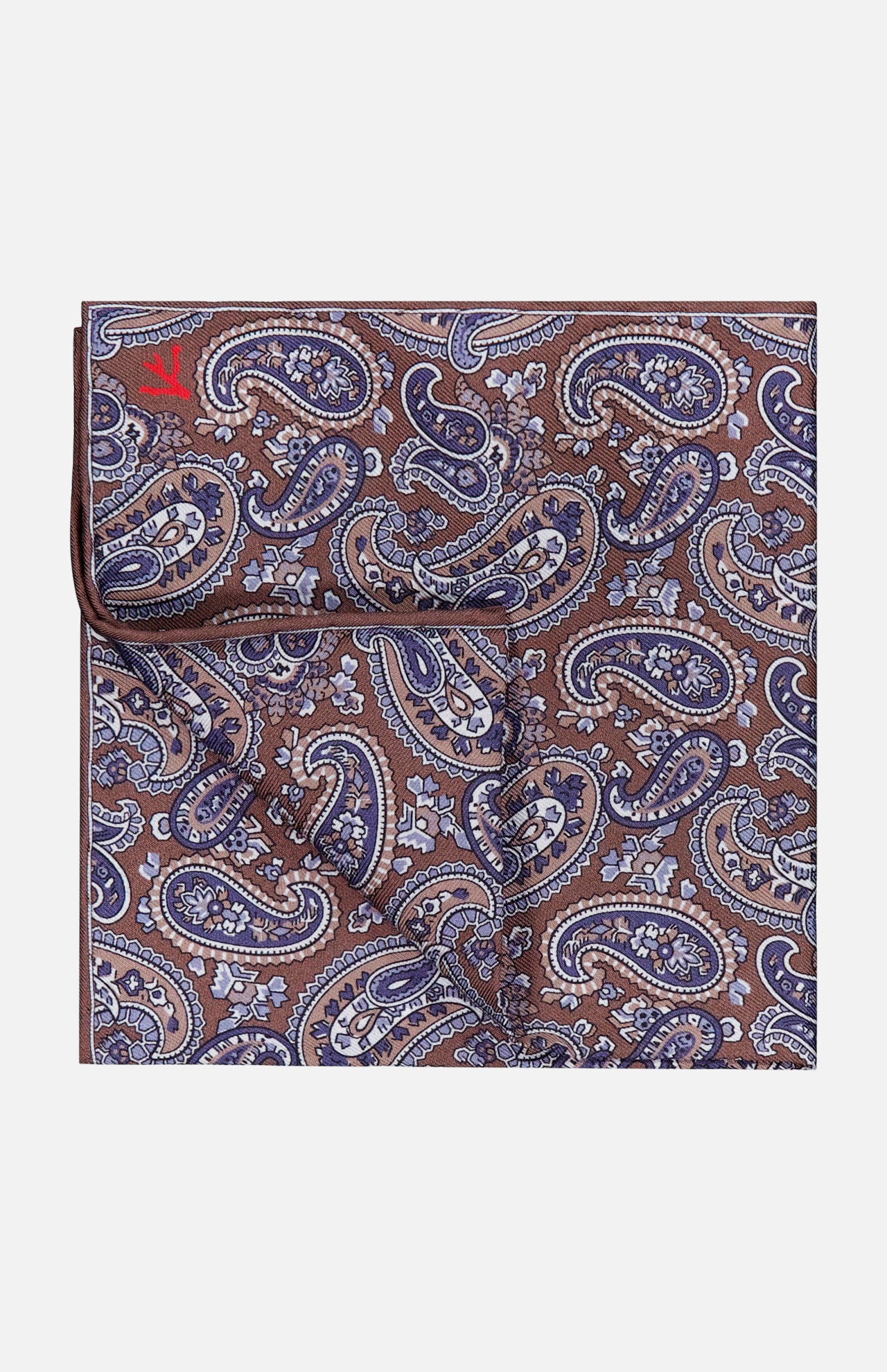 A Paisley Pocket Square by ISAIA, featuring a brown silk fabric with an elegant blue and white paisley pattern and a discreet red logo in the corner, is neatly folded against a plain background. Expertly crafted in Italy, this refined accessory exemplifies superior quality and classic style.
