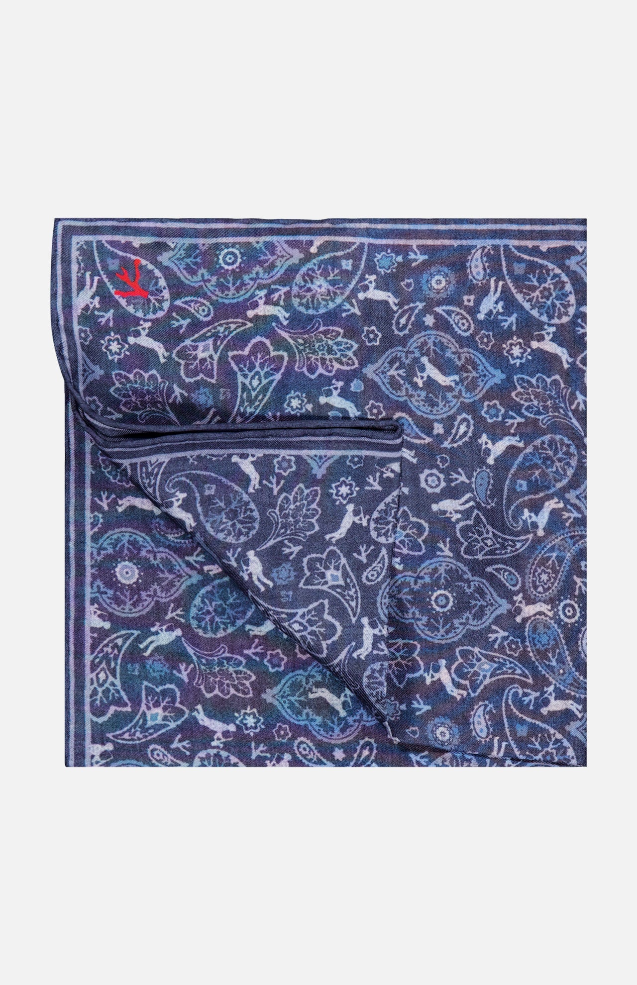 The ISAIA Paisley Pocket Square is a folded navy silk accessory, made in Italy, showcasing a blue, purple, and white paisley pattern with a small red embroidered logo in the corner.