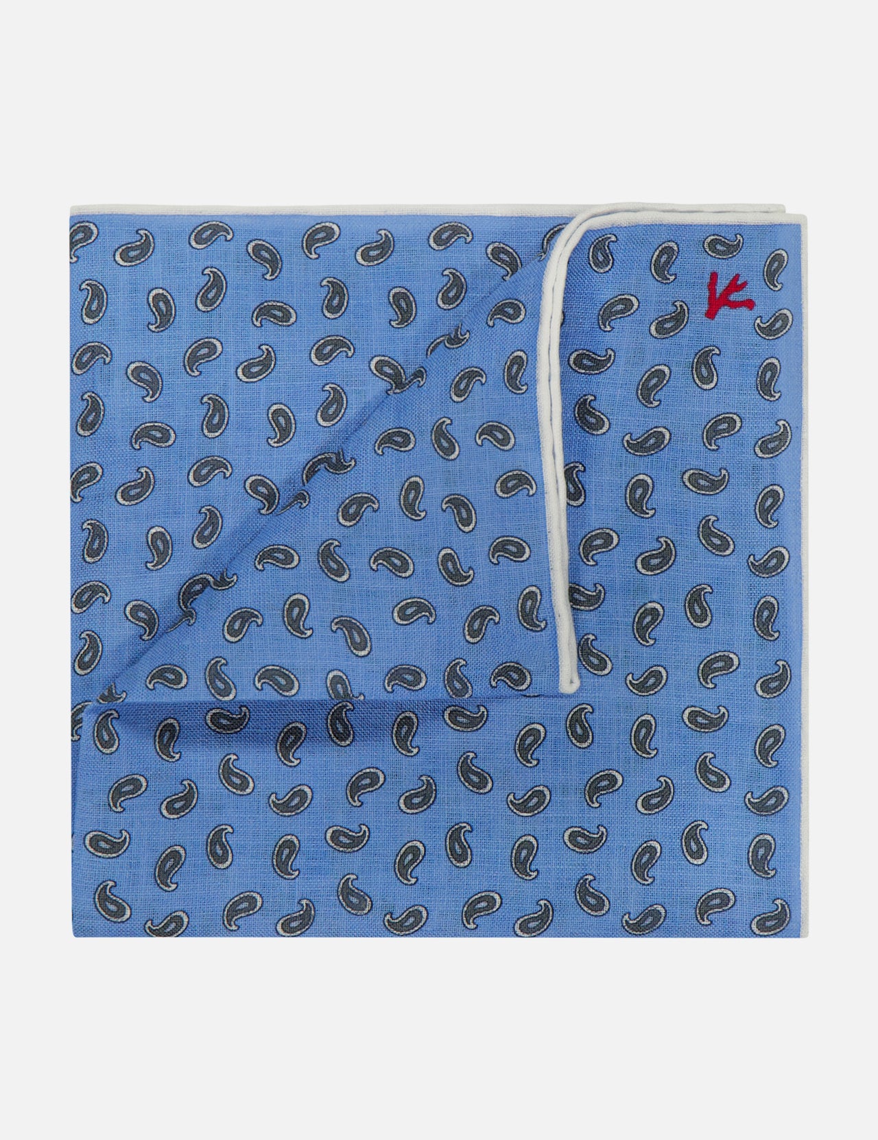 The ISAIA Paisley Print Pocket Square features blue linen with a dark paisley pattern, a white border, and a folded corner that shows the reverse and a small red embroidered detail—ideal for pocket square enthusiasts.