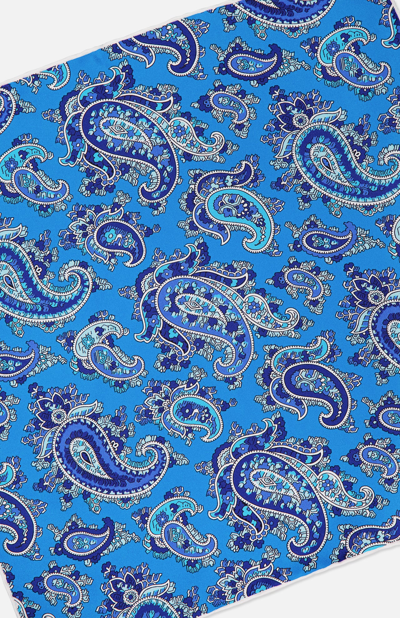 The ISAIA Paisley Print Pocket Square features an intricate blue, white, and navy paisley pattern with floral accents in fine Italian silk—ideal for elevating any formal look.