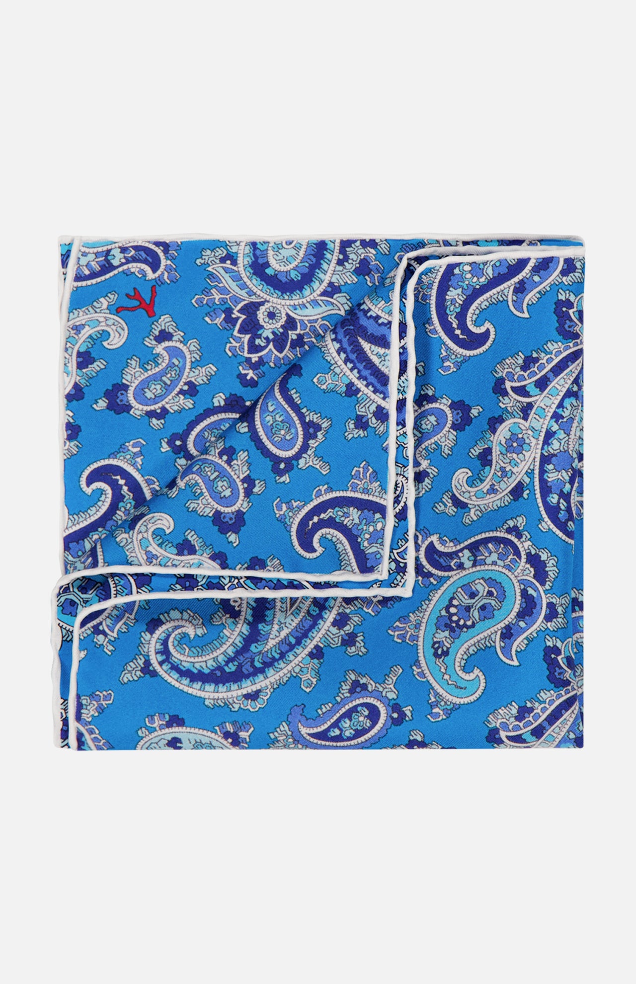 The ISAIA Paisley Print Pocket Square is a blue silk accessory with a white border and an intricate paisley pattern in blue, white, and purple shades. Made in Italy.
