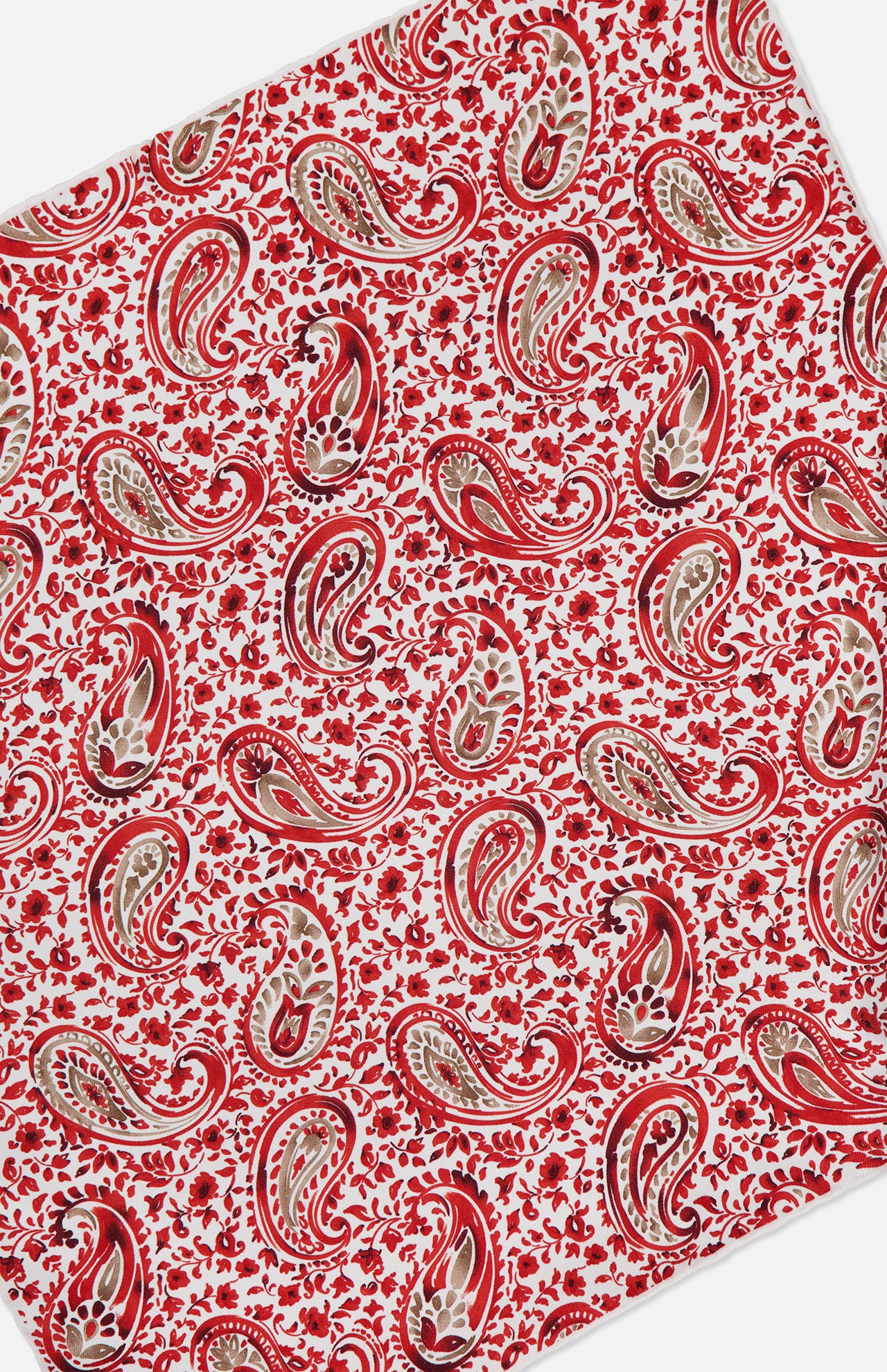 The ISAIA Paisley Print Pocket Square features red and beige paisley with detailed florals on a white background—an elegant accessory for refined style.