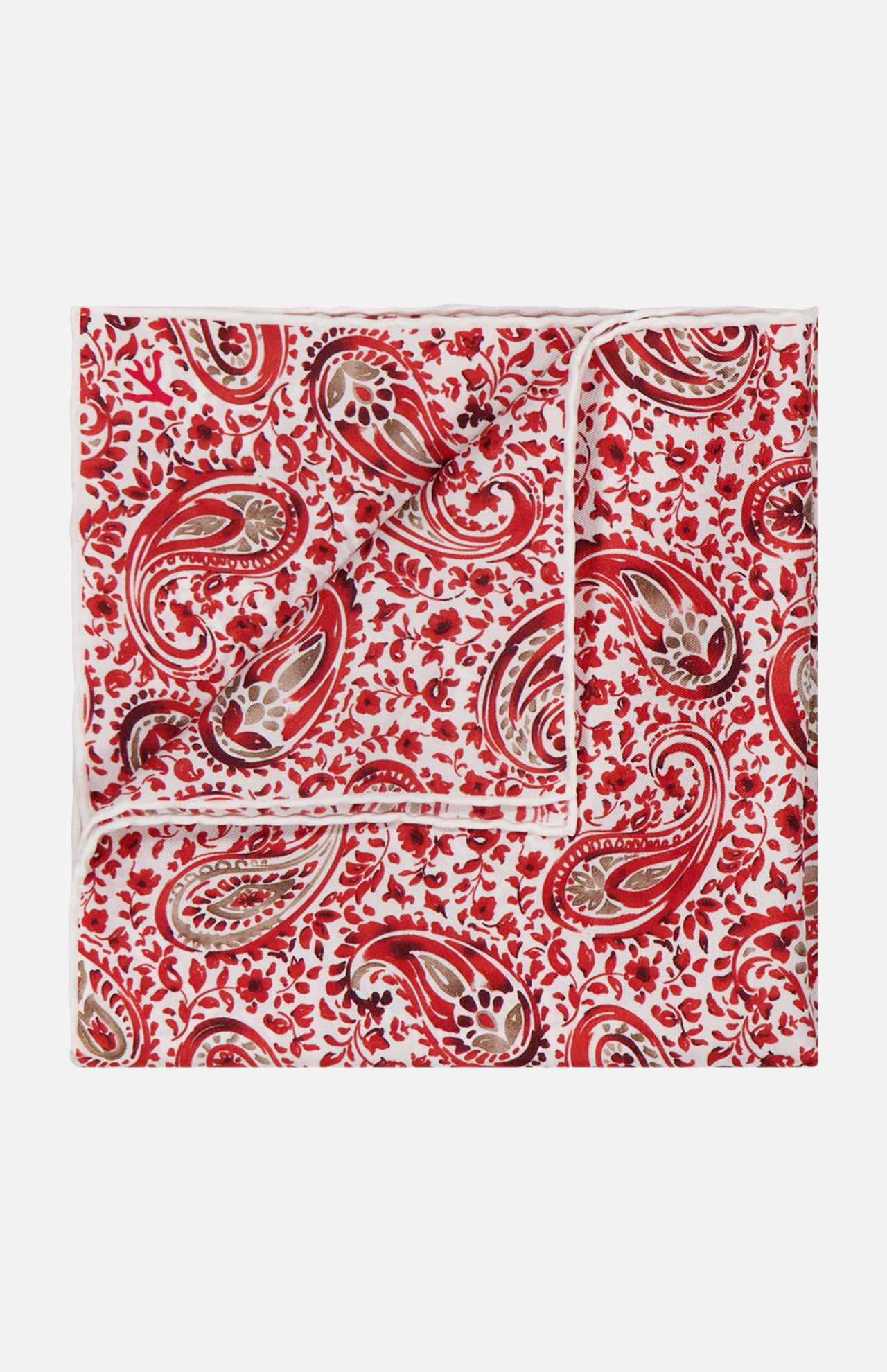 The ISAIA Paisley Print Pocket Square is crafted from silk and showcases a red, white, and brown paisley pattern with a crisp white border, elegantly displayed against a white background.
