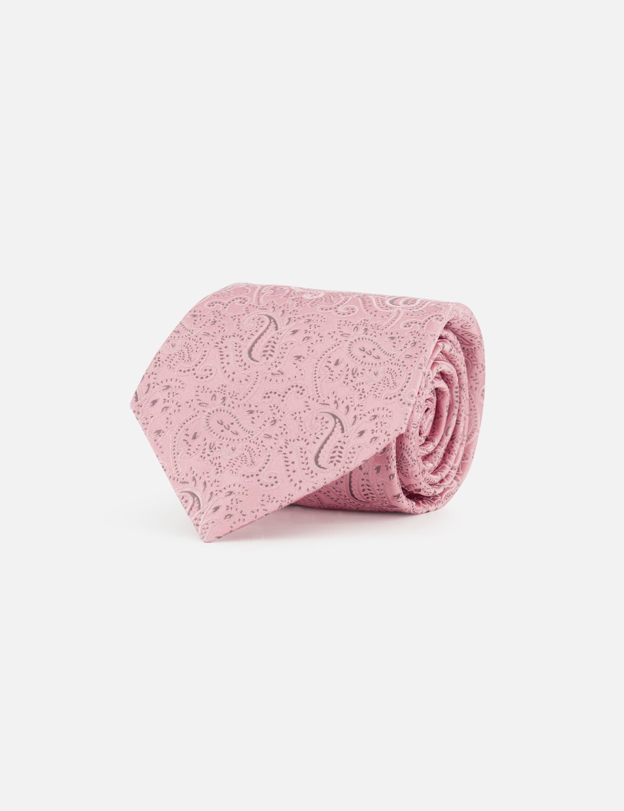 The Paisley Print Neck Tie by ISAIA features a subtle paisley pattern in pink, crafted from fine silk and shown rolled up on a plain white background.