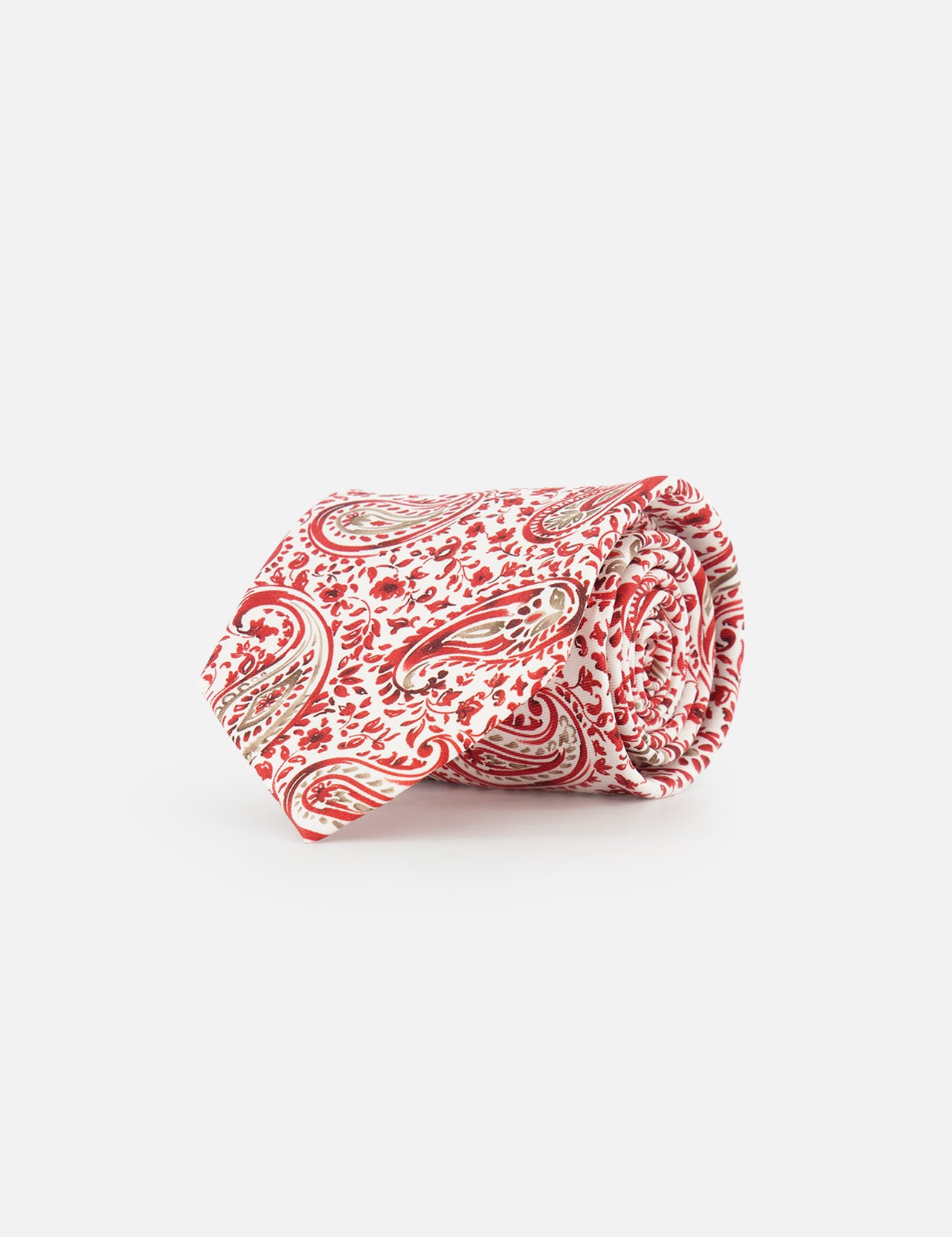 The ISAIA Paisley Print Silk Tie, showcasing a red, beige, and white paisley design, is rolled up and displayed on a plain white background.
