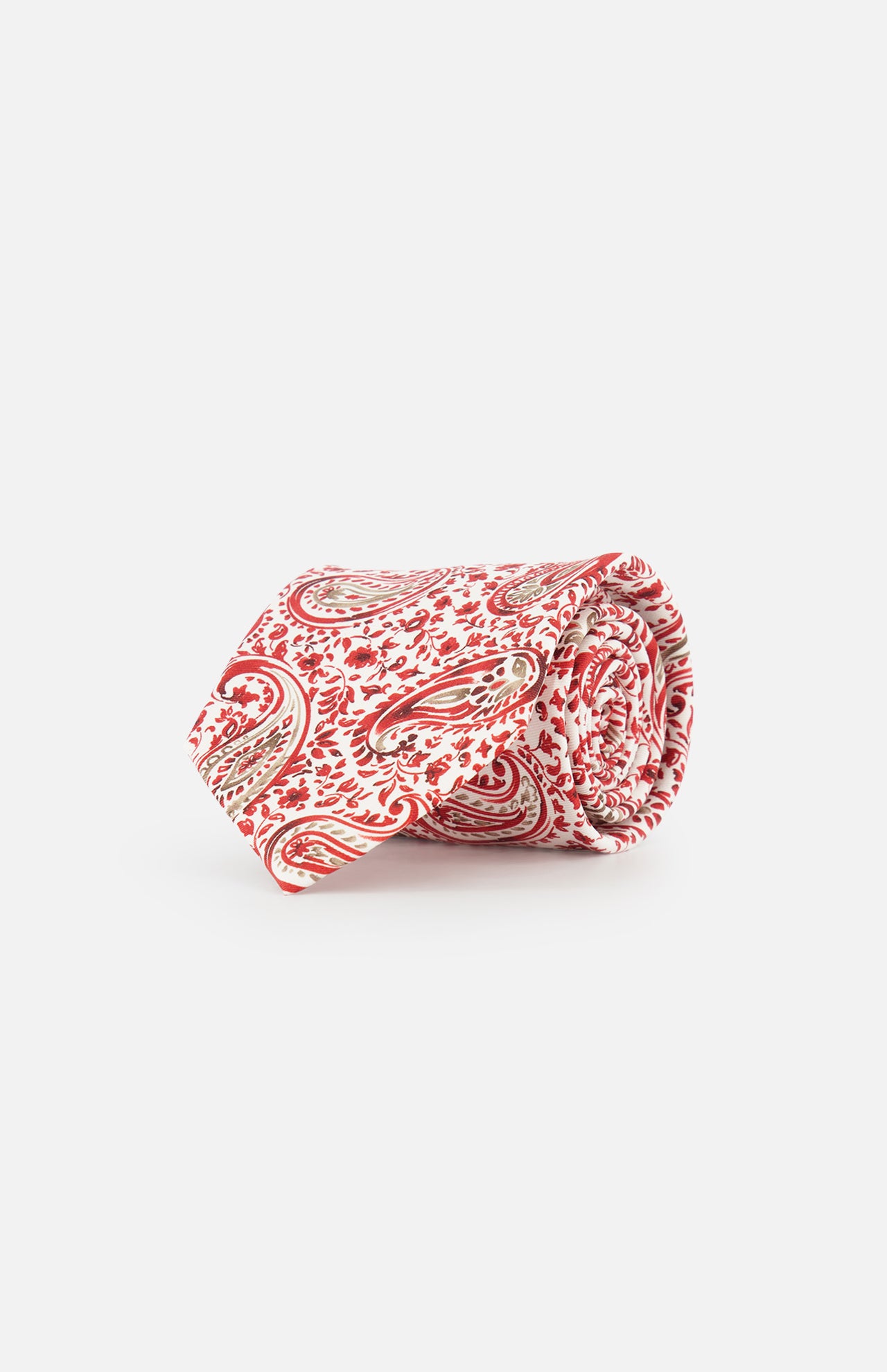The ISAIA Paisley Print Silk Tie, showcasing a red, beige, and white paisley design, is rolled up and displayed on a plain white background.