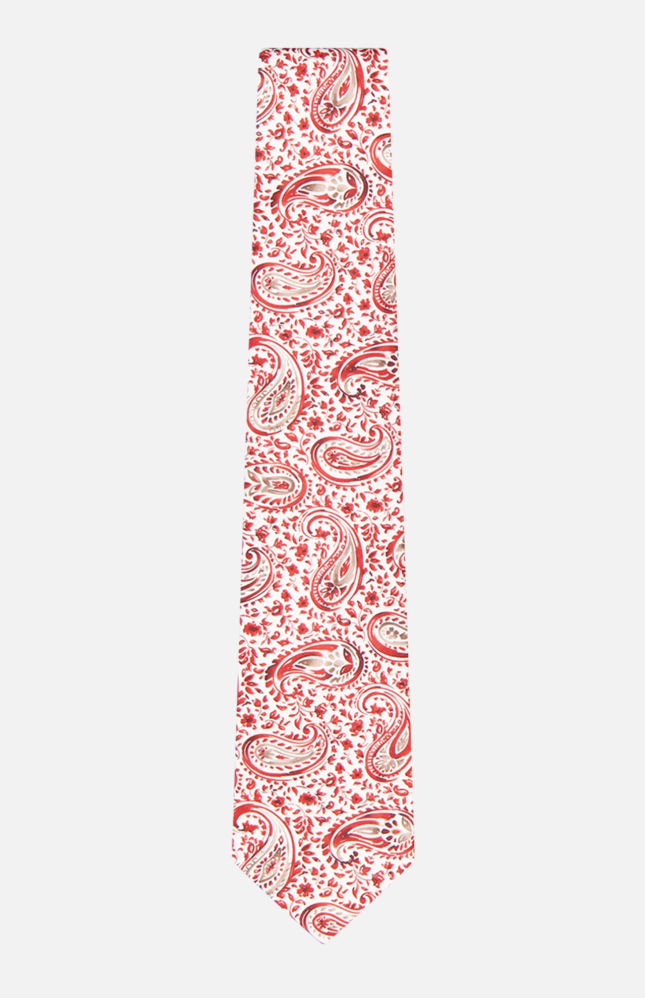 The ISAIA Paisley Print Silk Tie showcases a red and white paisley pattern with detailed swirling designs and floral motifs on a light background.