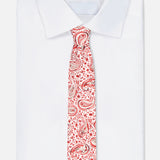 A Paisley Print Silk Tie by ISAIA is laid on top of a neatly folded white dress shirt, displayed against a simple light background.