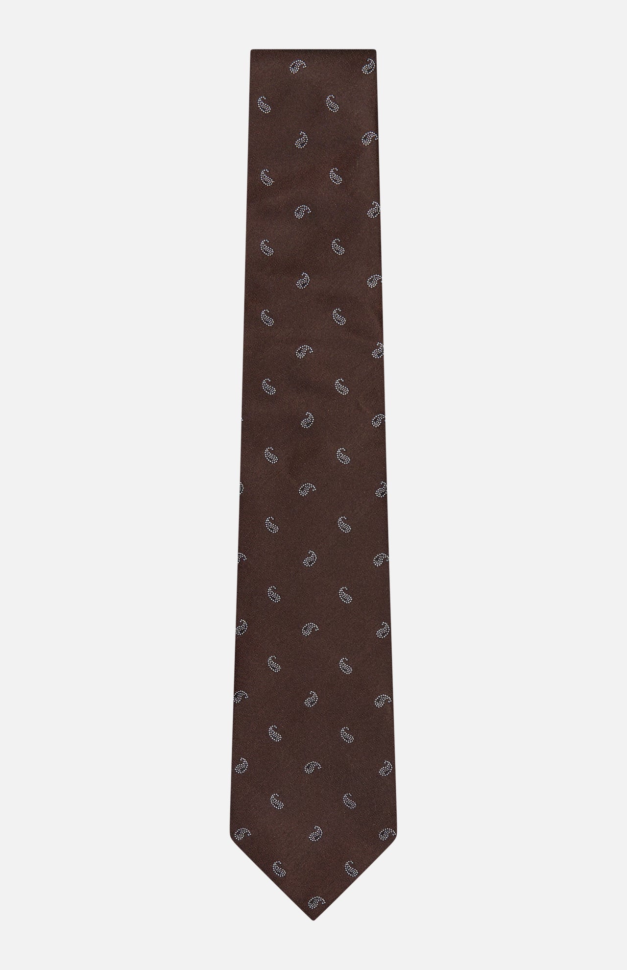 The ISAIA Paisley Tie, crafted from pure silk in a rich dark brown hue, features a subtle repeating paisley pattern and is shown laid flat against a white background.