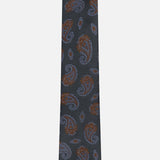 The ISAIA Paisley Neck Tie, crafted from silk in dark gray and adorned with a paisley print in shades of brown and blue, is displayed on a plain white background.