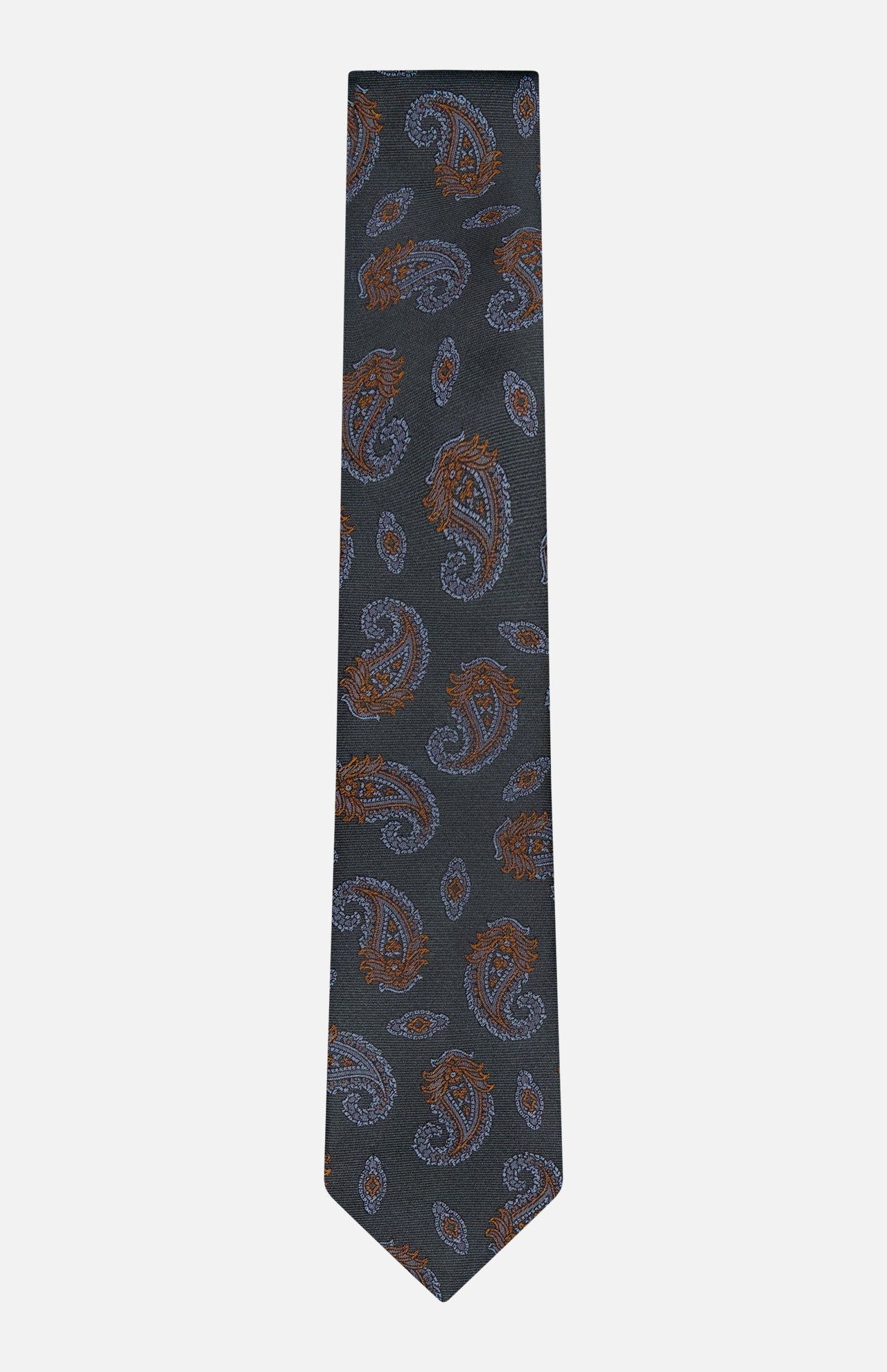 The ISAIA Paisley Neck Tie, crafted from silk in dark gray and adorned with a paisley print in shades of brown and blue, is displayed on a plain white background.
