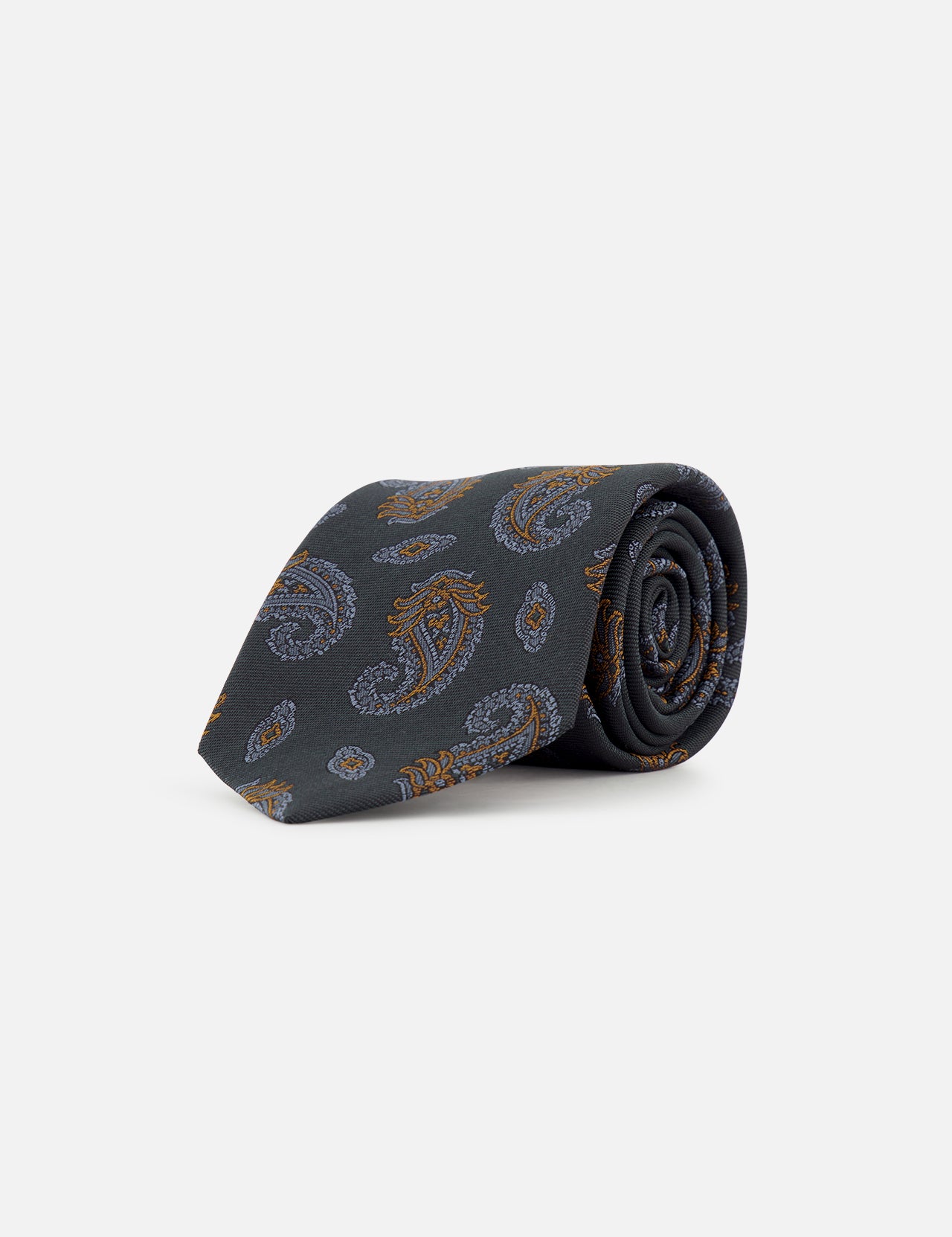ISAIA Paisley Neck Tie in dark gray silk, featuring a blue and orange paisley print, shown rolled up against a plain white background.