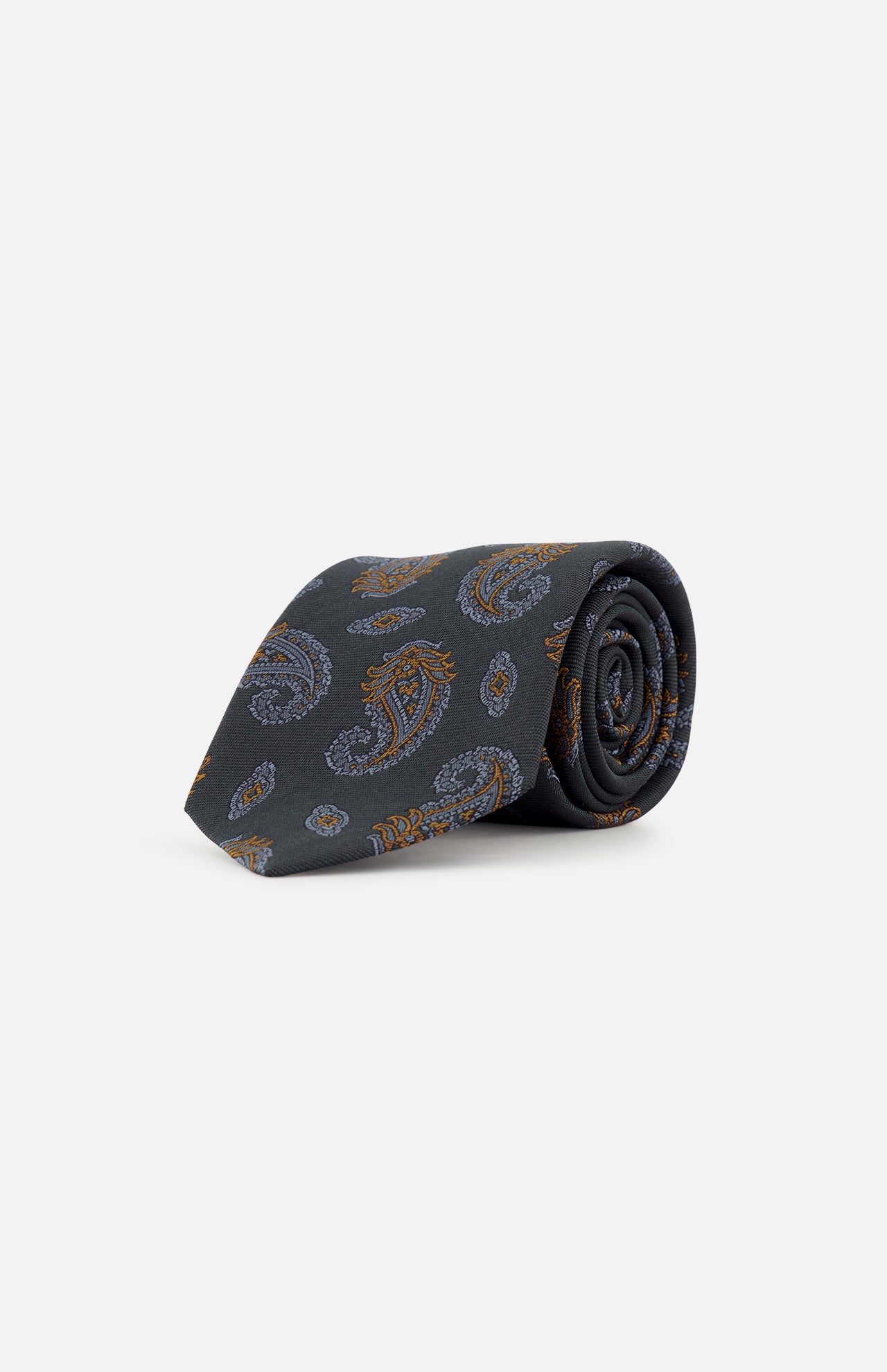 ISAIA Paisley Neck Tie in dark gray silk, featuring a blue and orange paisley print, shown rolled up against a plain white background.