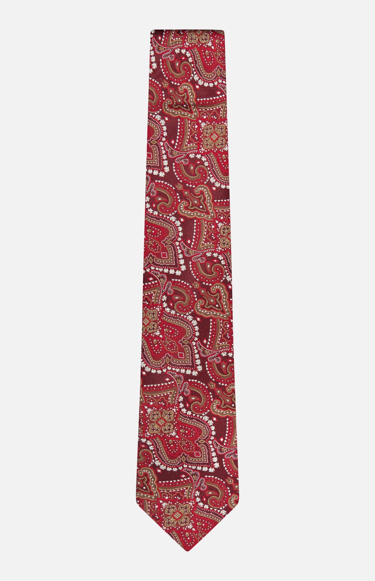 The ISAIA Paisley Neck Tie is crafted from pure silk in Italy, showcasing a dark red base with an intricate paisley pattern in gold, white, and burgundy. It is displayed against a plain white background.